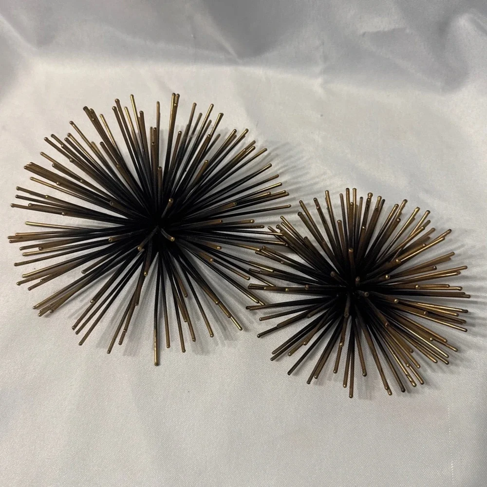 Set of 2 Metal Sea Urchin Starburst Wall Art Gold Black MCM Atomic Decor 6